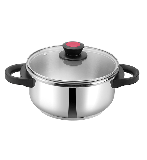 Stainless steel pot with a glass lid and black handles on a white background