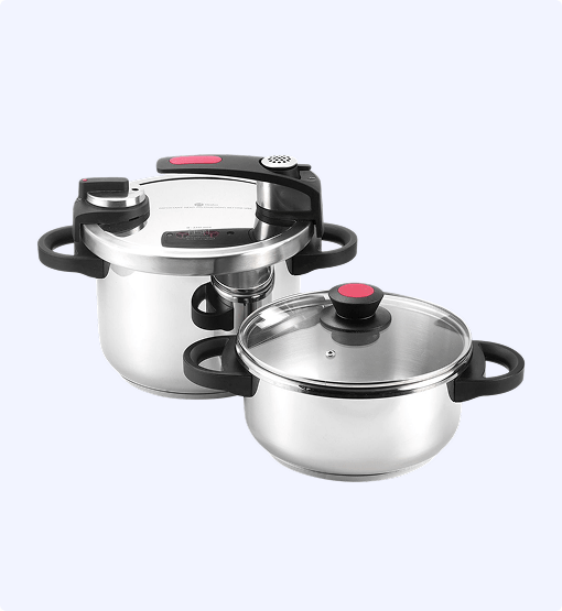 Two stainless steel cookware items on a white background