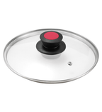 Glass lid with a black handle and red button on a white background