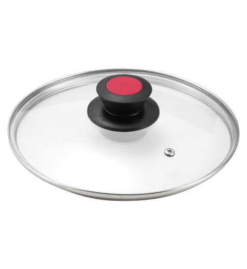 Glass lid with a black handle and red button on a white background