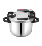 Stainless steel pressure cooker with black handles on a white background