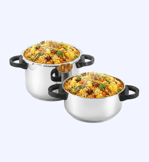 Two stainless steel pots filled with biryani on a white background