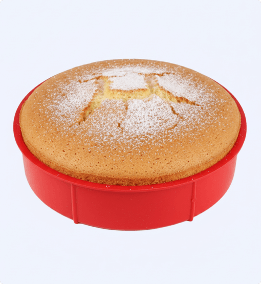 Round cake with powdered sugar in a red cake pan on a light gray background