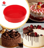 Red silicone cake mold with a collage of decorated cakes featuring Healux branding.