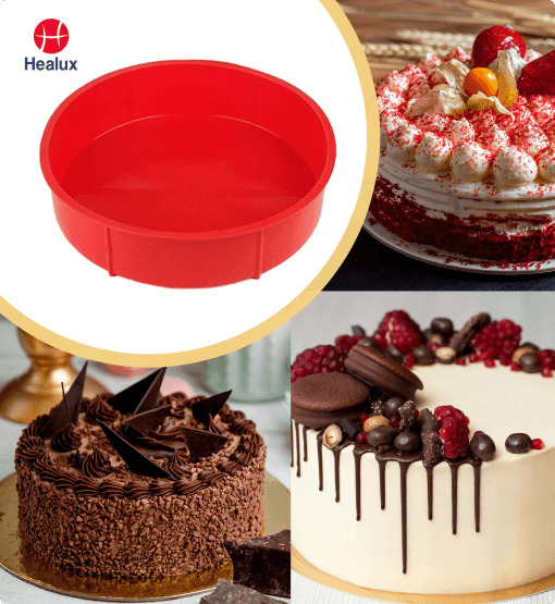 Red silicone cake mold with a collage of decorated cakes featuring Healux branding.