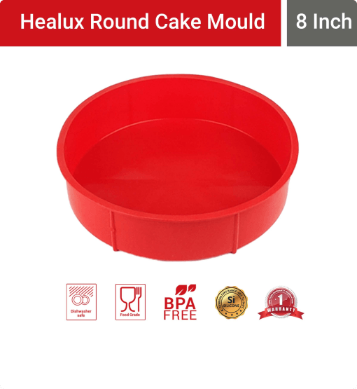 Red round cake mould with 'Healux' branding on a white background