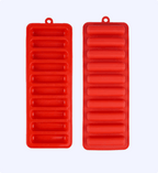 Two red silicone ice cube trays on a white background