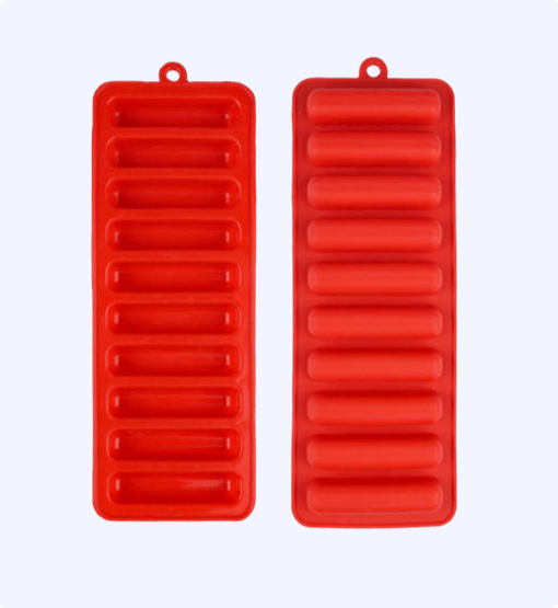 Two red silicone ice cube trays on a white background