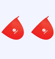 Two red silicone cups with 'Healux' logo on a white background
