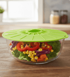 Glass bowl with colorful vegetables and a green lid on a wooden surface.