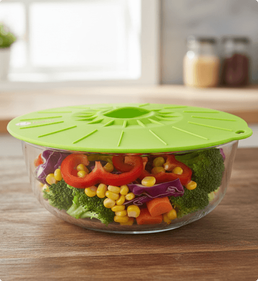 Glass bowl with colorful vegetables and a green lid on a wooden surface.