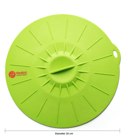 Green silicone lid with 'Healux' branding on a white background
