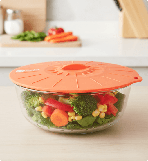 Glass container with an orange lid filled with salad on a kitchen counter