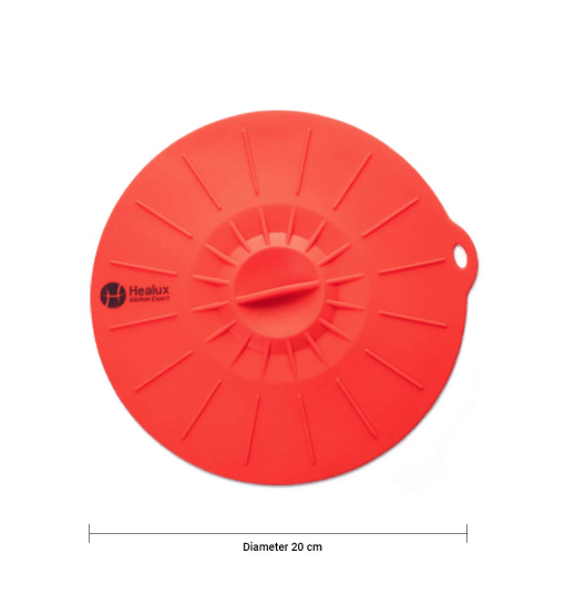 Red silicone lid with 'Healux' branding on a white background