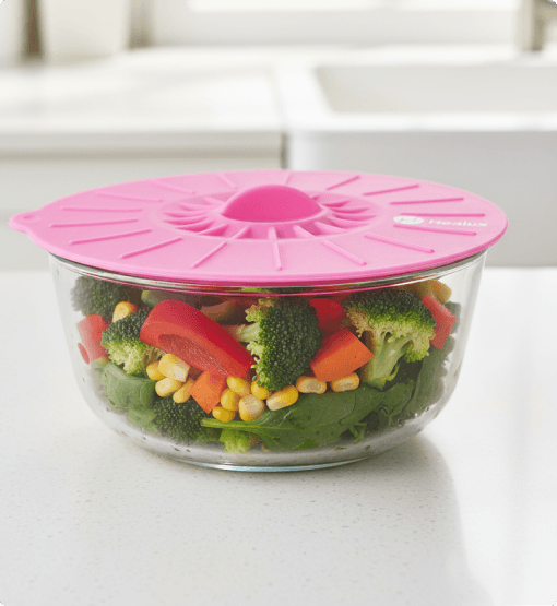 Glass bowl with colorful vegetables and pink lid on a white surface