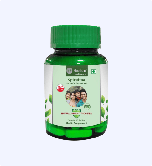 Bottle of Healux Healthcare Spirulina supplement on a white background