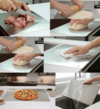 Collage of hands performing various kitchen tasks on a cutting board.