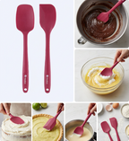 Collage of pink spatulas used in various cooking and baking activities.