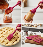 Collage of pink silicone spatulas being used in various kitchen scenarios.