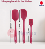 Three pink silicone kitchen utensils with measurements and Healux branding on a white background.