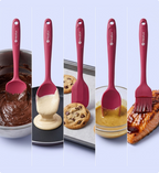 Set of red silicone utensils with 'Helix' branding used for cooking and baking.