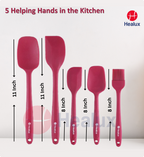 Set of red silicone kitchen utensils with measurements and Heалux branding on a white background.
