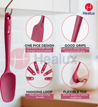 Pink spatula with Heaux branding and features on a white background