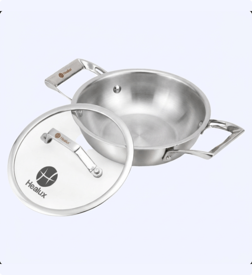 Stainless steel pot with lid on a white background, featuring the Healux brand.