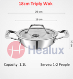 Stainless steel wok with lid labeled '18cm Triply Wok' and 'Healux' branding, showing dimensions and capacity.