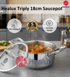 Healux Triply 18cm saucepot with food inside on a kitchen counter, featuring the Healux logo.