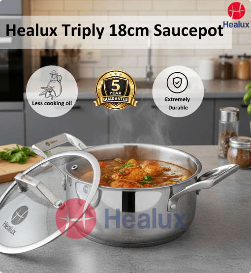 Healux Triply 18cm saucepot with food inside on a kitchen counter, featuring the Healux logo.