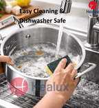 Person cleaning a pot with a sponge in a sink, with 'Healux' branding.