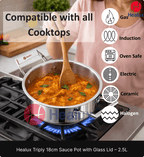 Stainless steel sauce pot with glass lid on a stove, being stirred with a wooden spoon, with Healux branding and compatibility icons displayed.