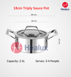 18cm Triply Sauce Pot with dimensions and Healux branding on a white background