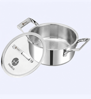 Stainless steel pot with lid on a white background, featuring the Healux brand.