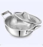 Stainless steel pot with lid on a white background