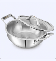 Stainless steel pot with lid on a white background