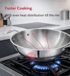 Stainless steel wok on a gas stove with text highlighting faster cooking and even heat distribution.