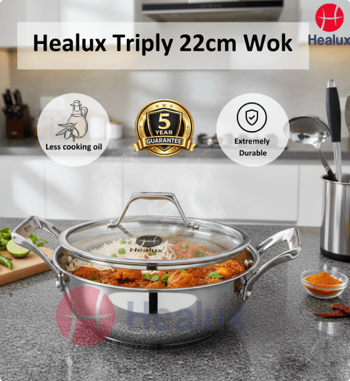 Healux Triply 22cm Wok with lid on a kitchen counter, featuring brand logos and product features.