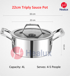 Stainless steel sauce pot with lid, dimensions, and Healux branding on a white background