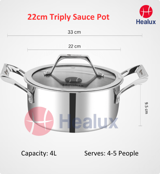 Stainless steel sauce pot with lid, dimensions, and Healux branding on a white background