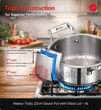 Healux triply construction sauce pot with glass lid on a stove, showing layers and performance features.