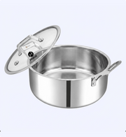 Stainless steel pot with a clear lid on a light gray background