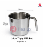 Stainless steel milk pot with dimensions and Healux branding on a white background