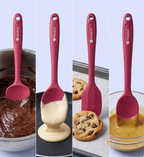 Set of four images showing a pink spatula with 'Helix' branding used for baking tasks.