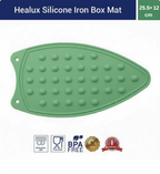 Green silicone iron box mat with product details on a white background