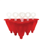 Red plastic funnel-shaped containers with clear spouts on a white background