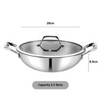 Stainless steel wok with lid and dimensions on a white background