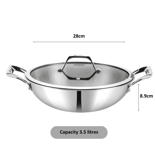 Stainless steel wok with lid and dimensions on a white background