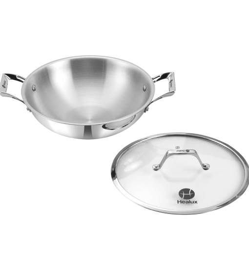 Stainless steel wok with lid on a white background, featuring the Healux brand.